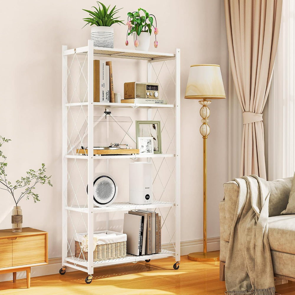 5-Tier Folding Metal Storage Rack - 63" Heavy-Duty Steel Frame with Whee...