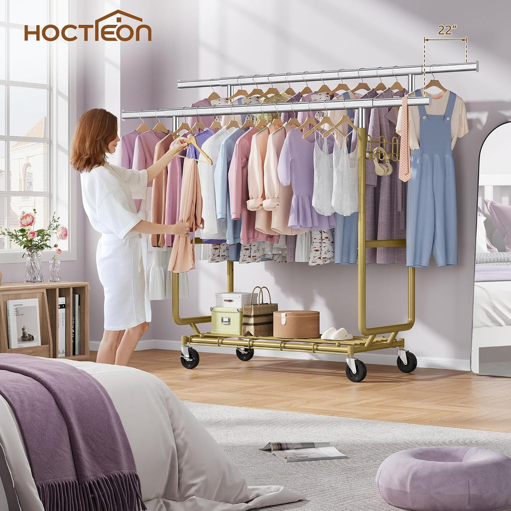 Hoctieon 2-Minute Assembly Double Rod Clothes Rack, Heavy Duty Rolling Clothi...