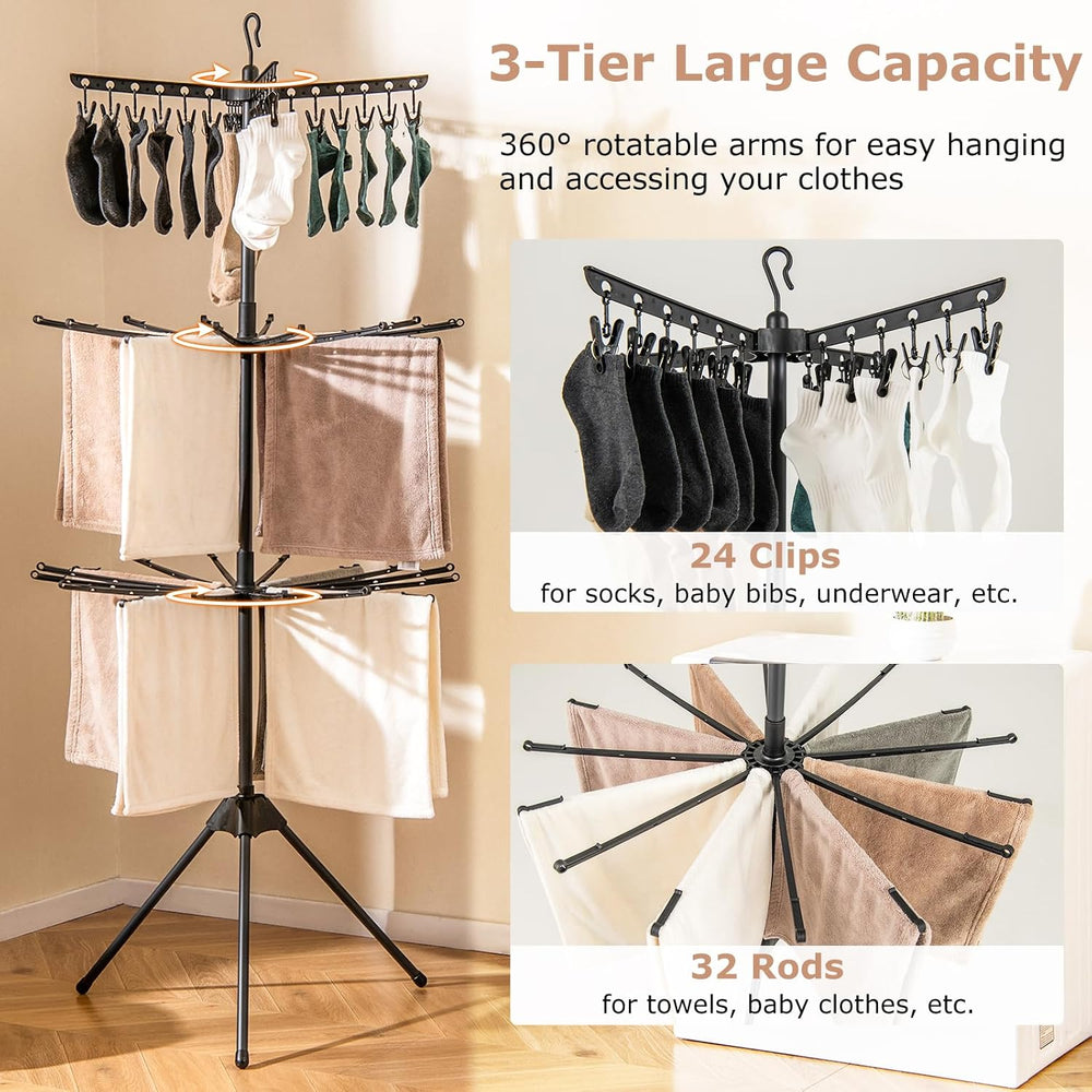 GIANTEX 70" Tripod Clothes Drying Rack w/24 Clips & 32 Rods, 360° Ro...