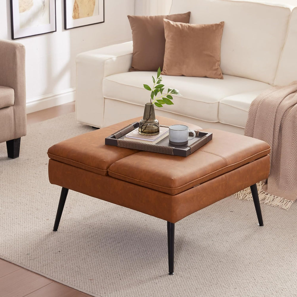 Square Ottoman with Storage Coffee Table Large Upholstered Cognac