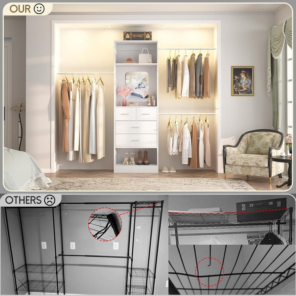 Unikito 8FT Closet System with Mirror and 3 Extendable Hanging Rods, White