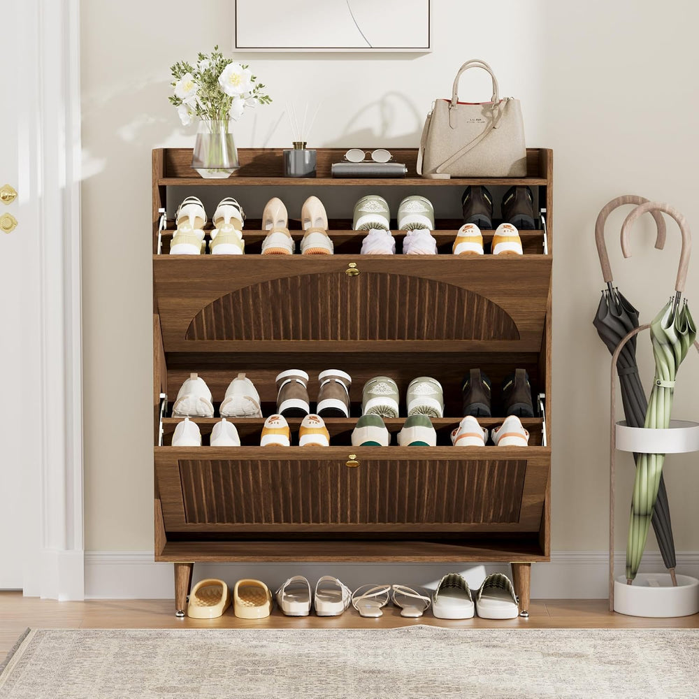 Shoe Storage Cabinet with 2 Flip Drawers (Walnut, 2 Flip Drawers)