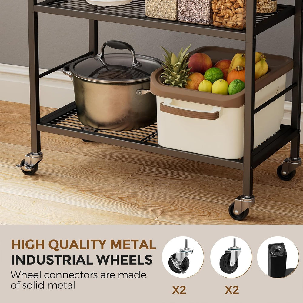 3-Tier Metal Storage Rack with Industrial Wheels,Mesh Shelving Unit with Wood...