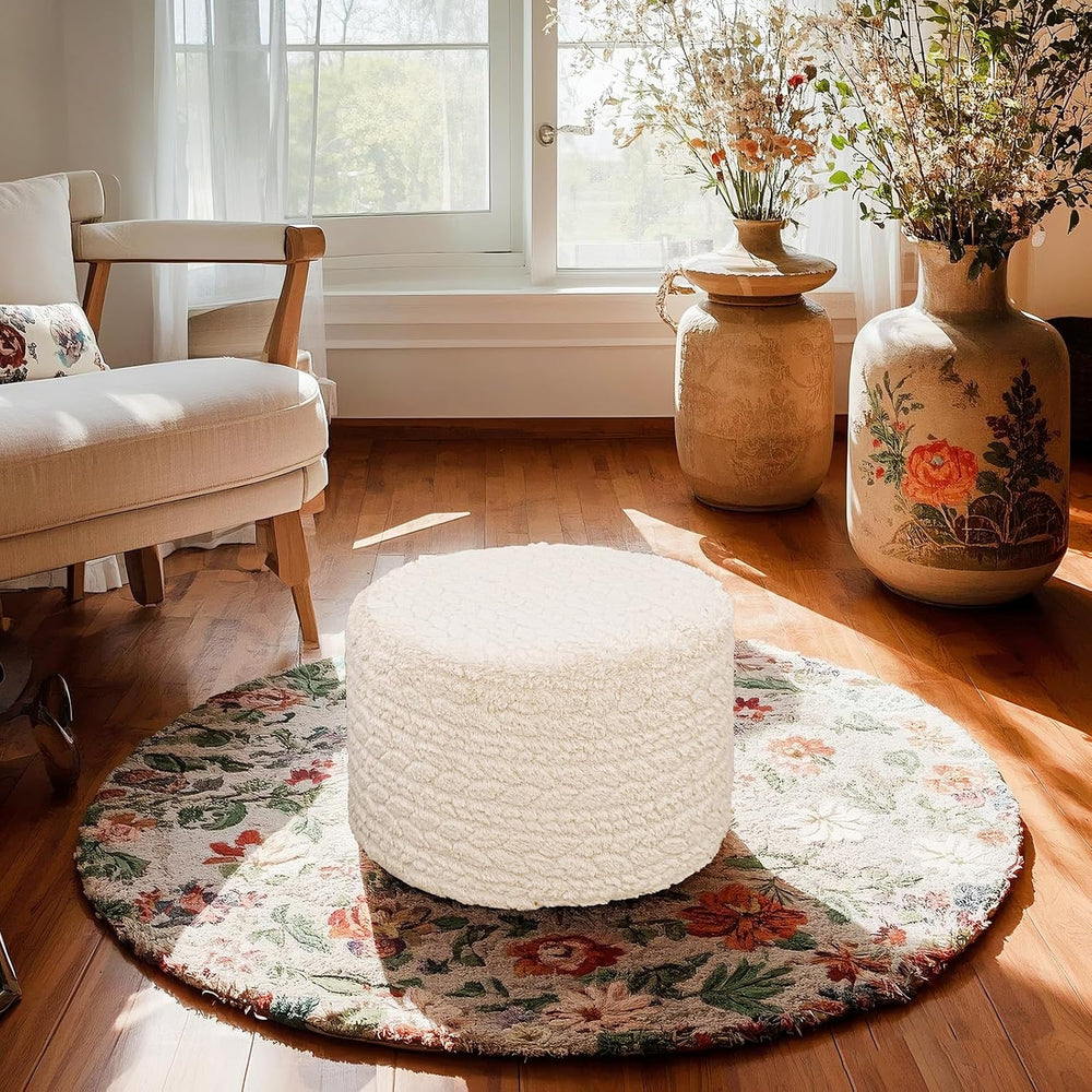 Round Pouf Ottoman Footstool 20x14In Ottoman Footrest for Couch Linen White