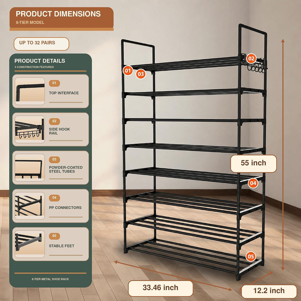 Hsscblet 8-Tier Metal Shoe Rack for Closet and Entryway with Hooks, Black