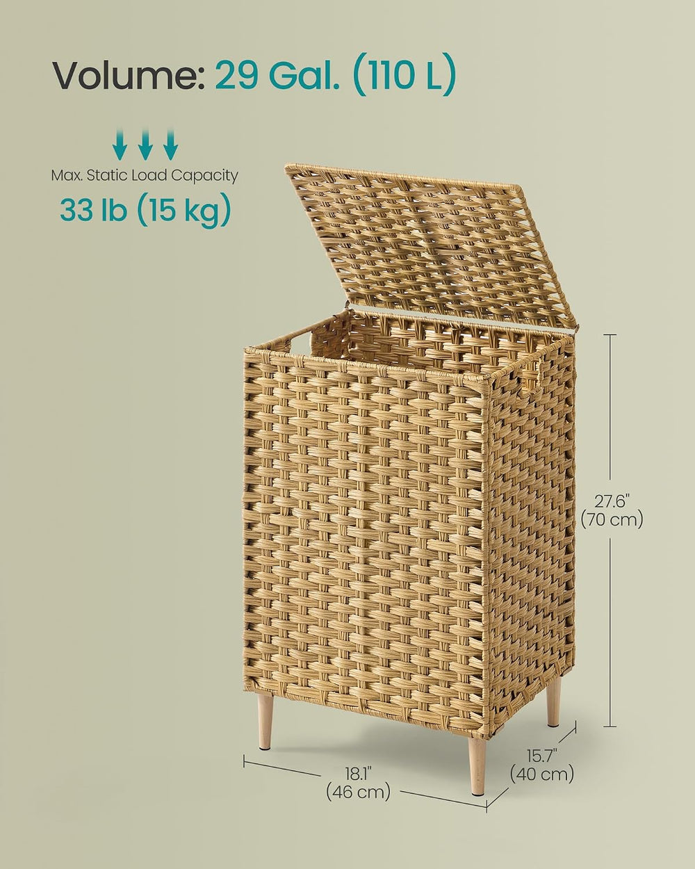 SONGMICS 2-Section Laundry Hamper with Lid, PE Rattan, 29 Gallons (110 L)