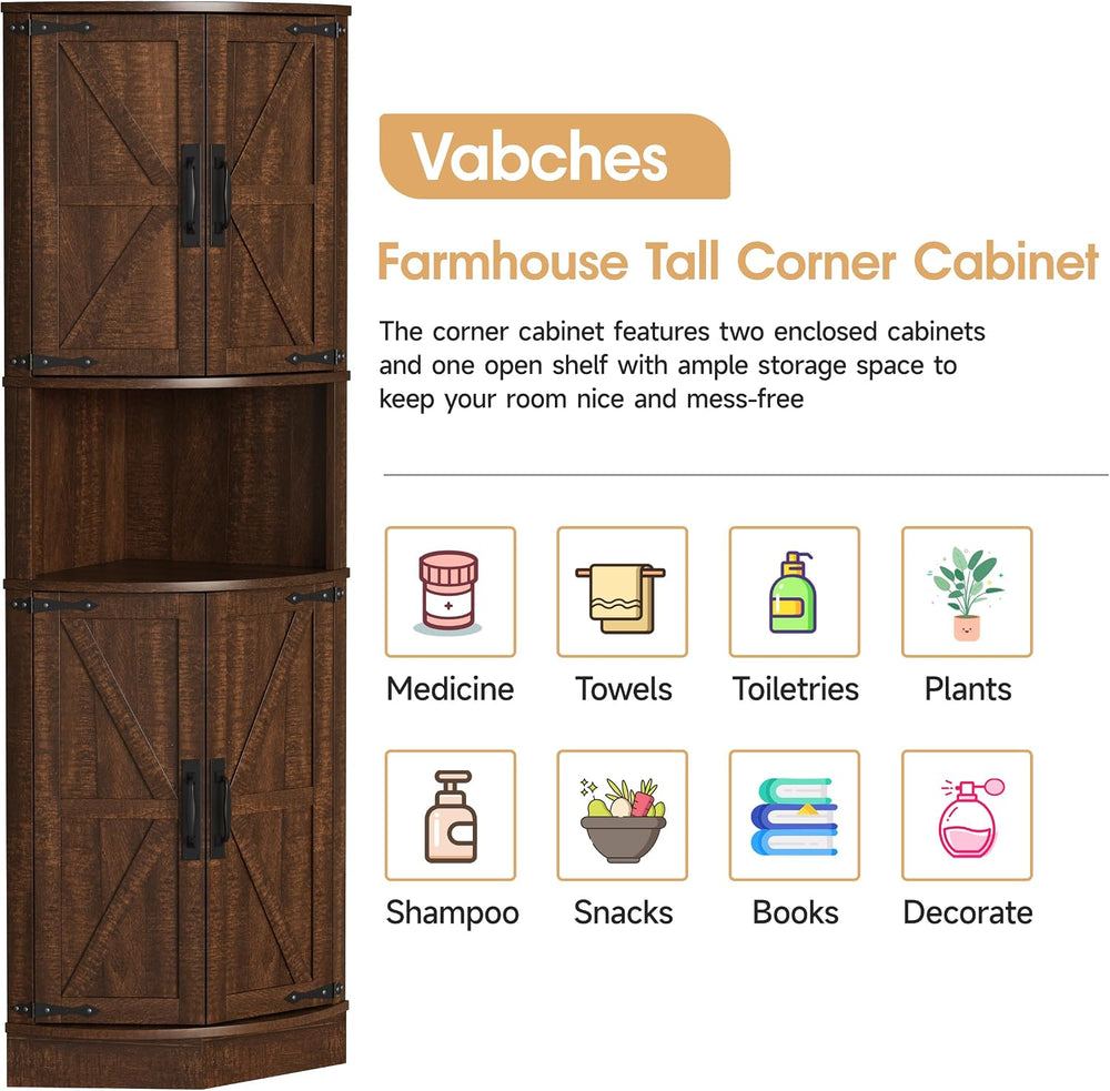 Vabches 64.8" Tall Farmhouse Corner Cabinet with 4 Doors and 5 Storage S...