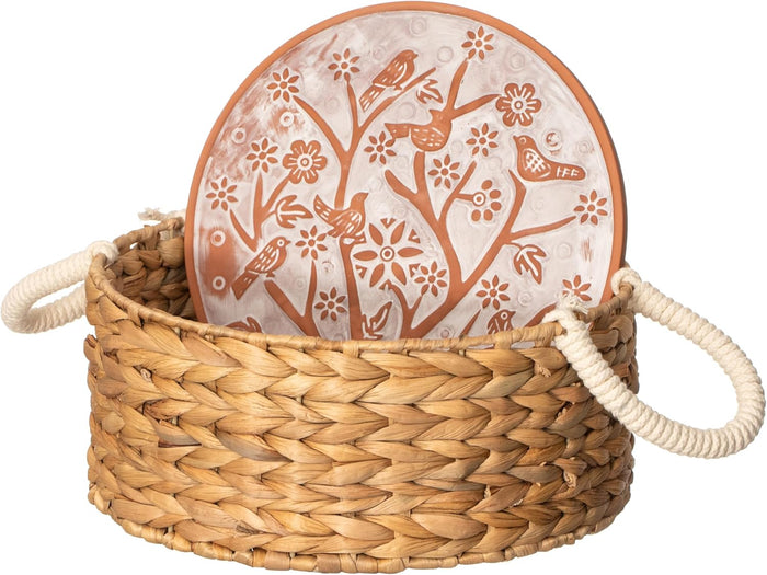 Bread Warmer Basket with Stone, 12 Inch Handwoven Wicker - Vintiquewise Round Terracotta Serving Basket for Table with Rope Handles, Keeps Warm, for Sourdough Tortilla Rolls, Bird Design