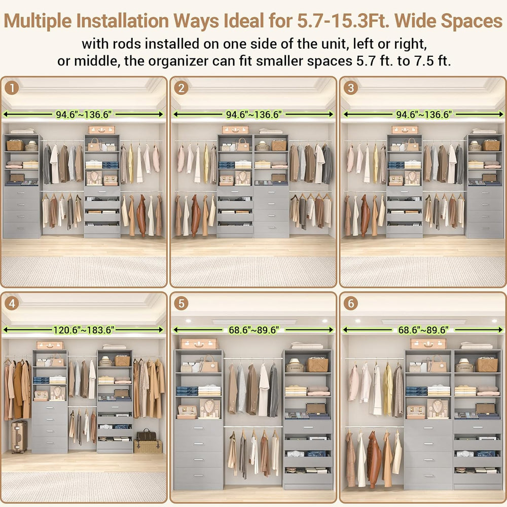 Aheaplus Closet System, 6-15Ft Closet Organizer with 8 Wooden Drawers