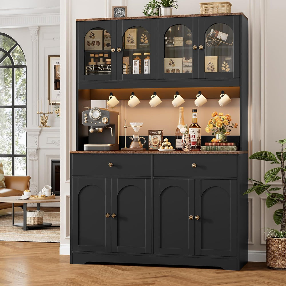 71" LED Kitchen Pantry Cabinet with Power Outlet, Tall Hutch, Black