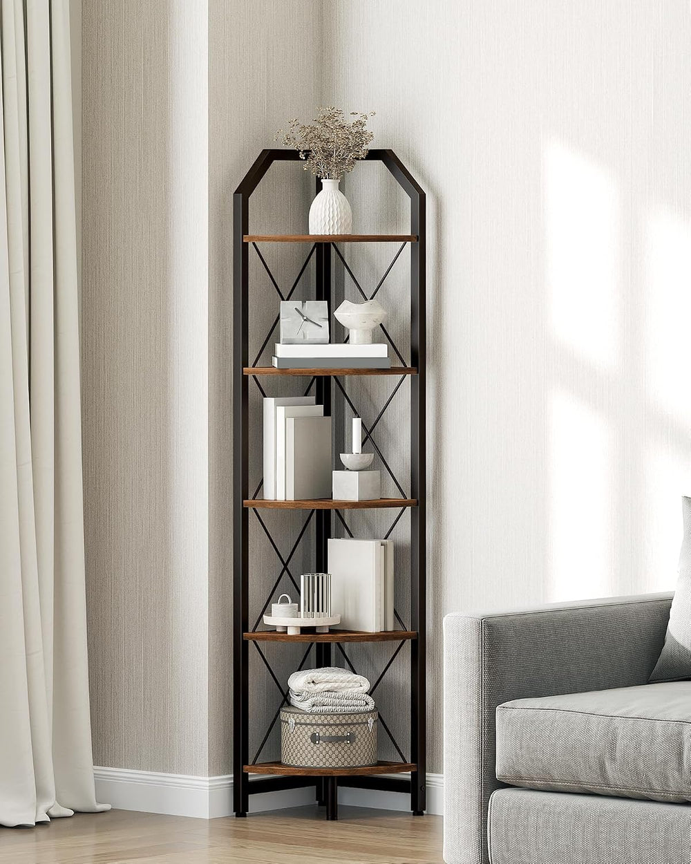 59.4" Corner Shelf, 5-Tier Industrial Corner Bookshelf, Corner Storage S...