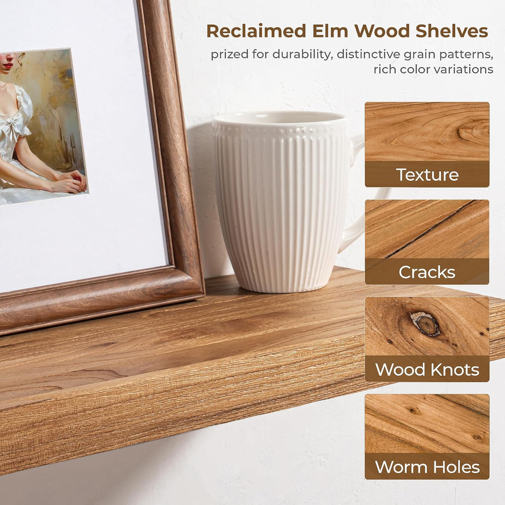 Floating Shelves for Wall, 36in Reclaimed Elm Wood Shelves, Natural, 2PCs