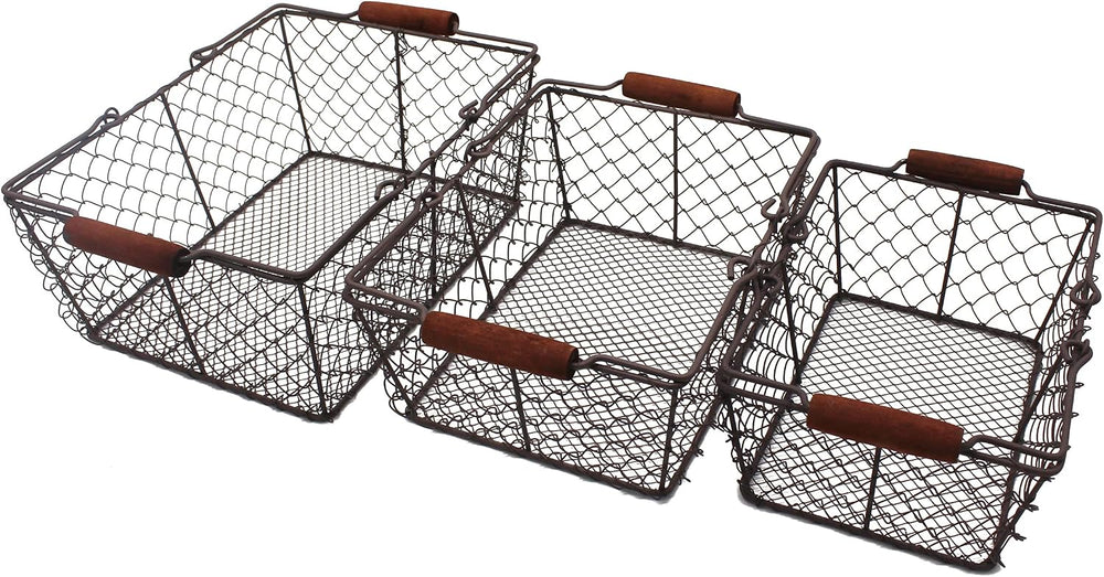 CVHOMEDECO. Primitive Chicken Wire Gathering Baskets with Wood Handle Rectang...