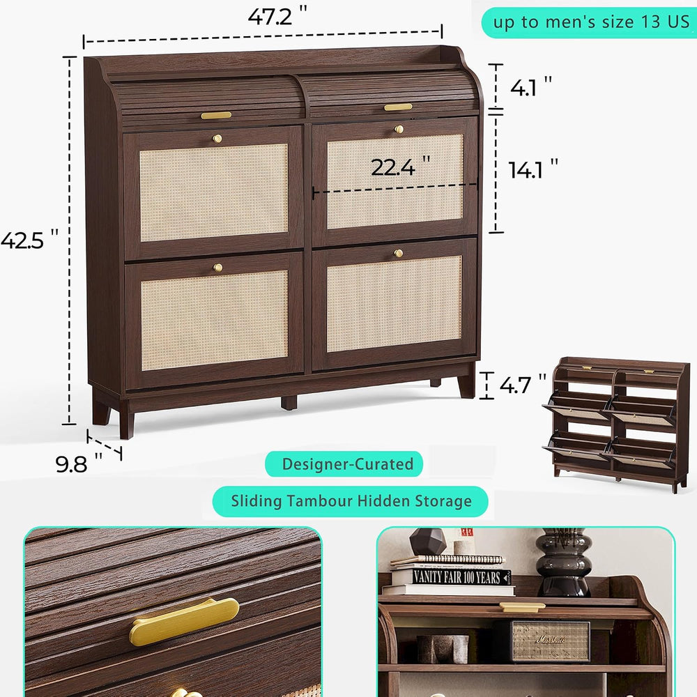 LINSY Shoe Storage Cabinet, Rattan Shoe Cabinet Flip Drawer Shoes Rack Cabine...