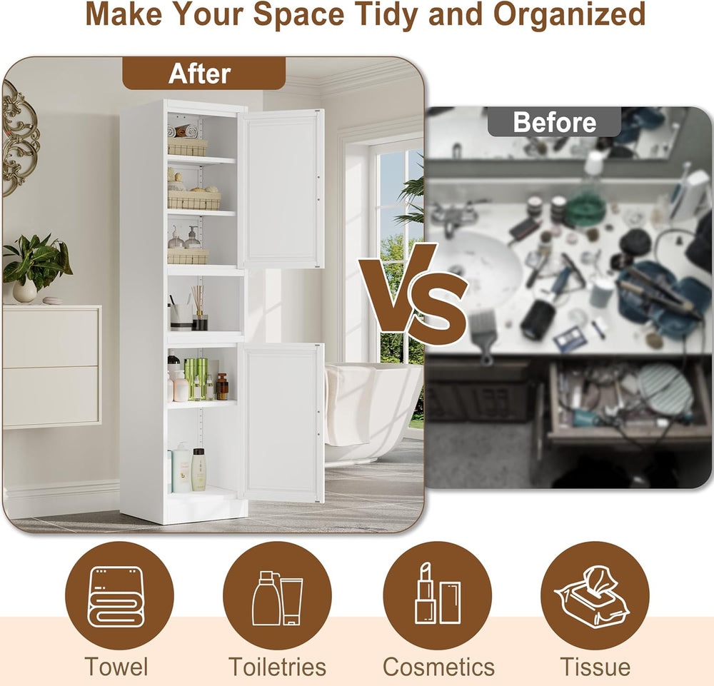 67" Tall Narrow Bathroom Storage Cabinet, Metal Pantry Cabinet, White