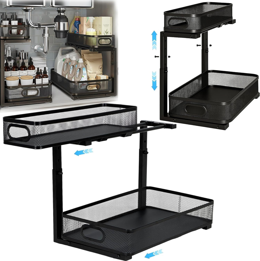 2 Pack Under Sink Organizer, Dual-Layer Pull Out Mesh Cabinet Rack with 5-Lev...