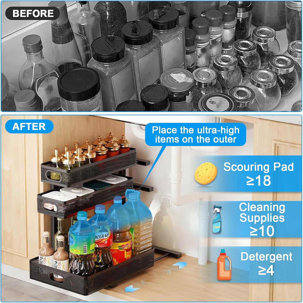 Under Sink Organizer,3-Tier Thickened Metal Pull out Cabinet OrganizerShelf
