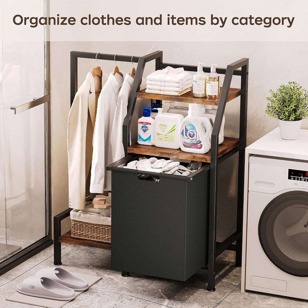 Laundry Hamper with Hanging Rack and 3 Shelves, Large Laundry Storage Basket,...