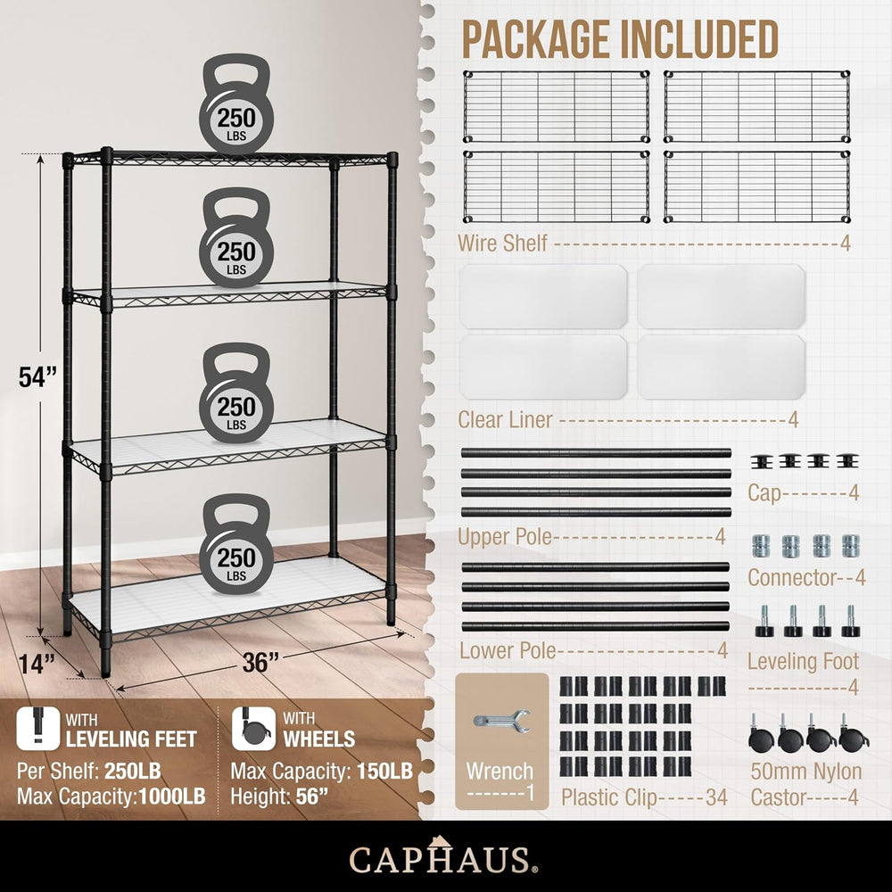 CAPHAUS NSF Adjustable Height Wire Shelving Unit w/Liner, Basement Storage Sh...