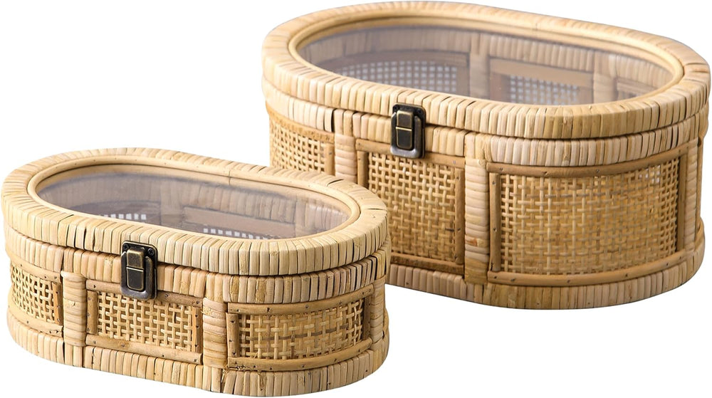 SOFE Oval Rattan Boxes with Glass Lid Set of 2, Handwoven Boho Storage Bins