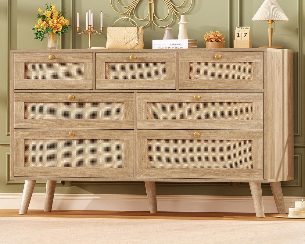 TEENFON Dresser for Bedroom, 47.2''Wide 7 Drawer Rattan Dresser, Wood...