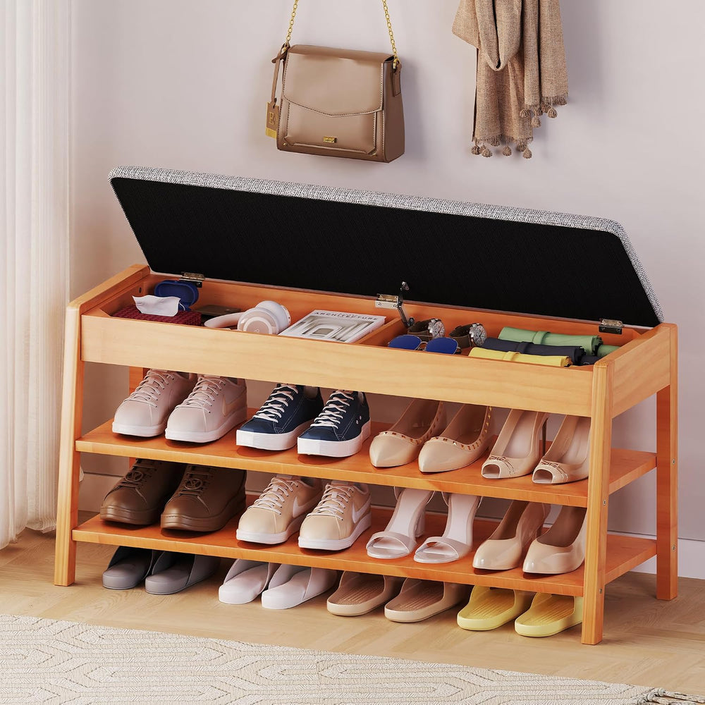 PARTPHONER Shoe Rack Bench with Storage, 2-Tier Solid Wood Entryway Bench wit...