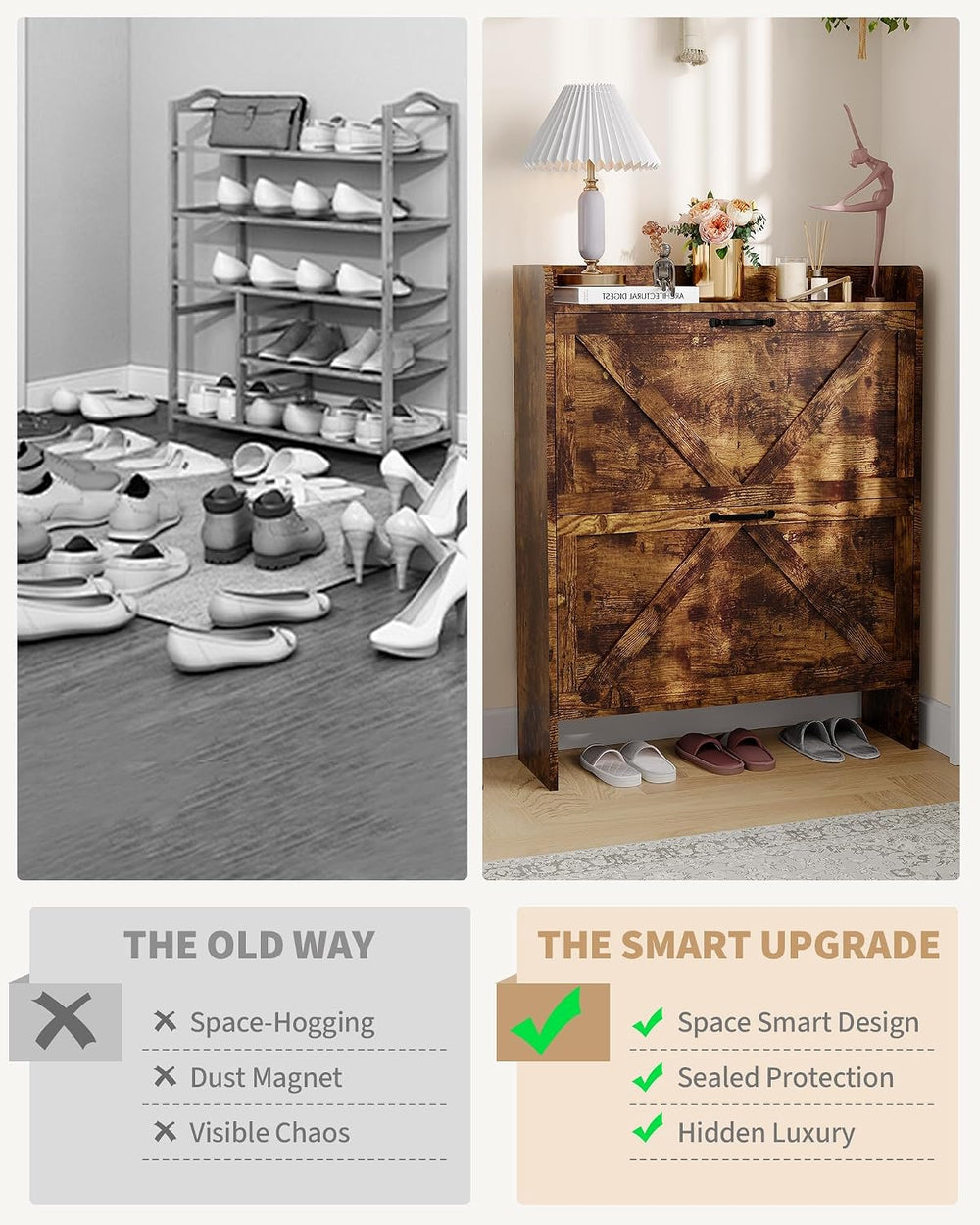Slim Narrow Shoe Storage Cabinet for Entryway - 2 Flip-Up Drawers Freestandin...