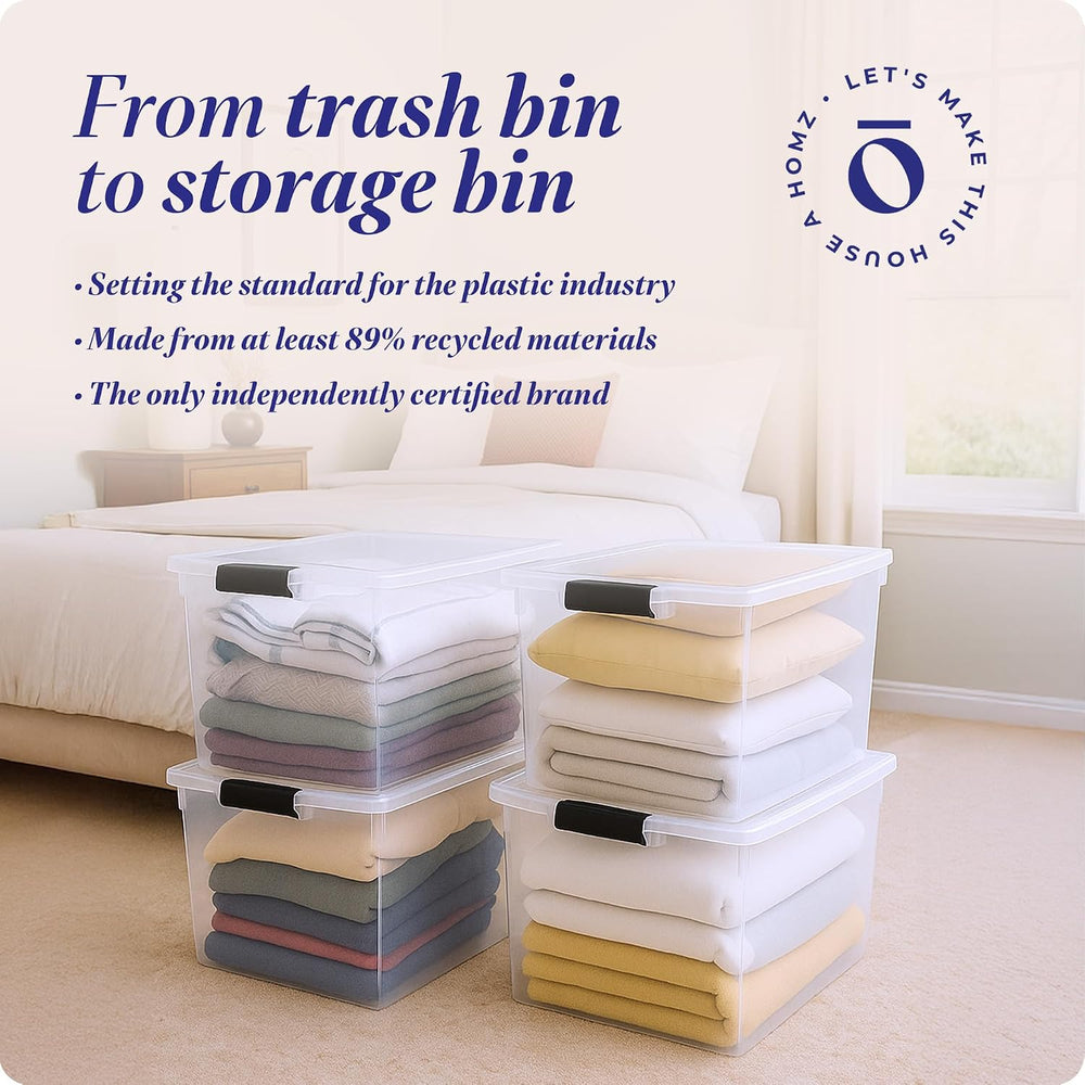 HOMZ 4-Pack Secure Latch, Clear Plastic Storage Organizer Bins, 112 Quart, Gr...