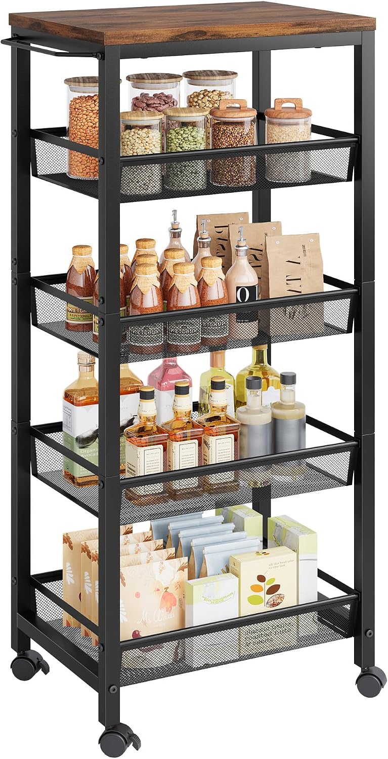 Hoctieon Rolling Storage Cart, 5-Tier 11.8" Wide Panel Kitchen Storage C...