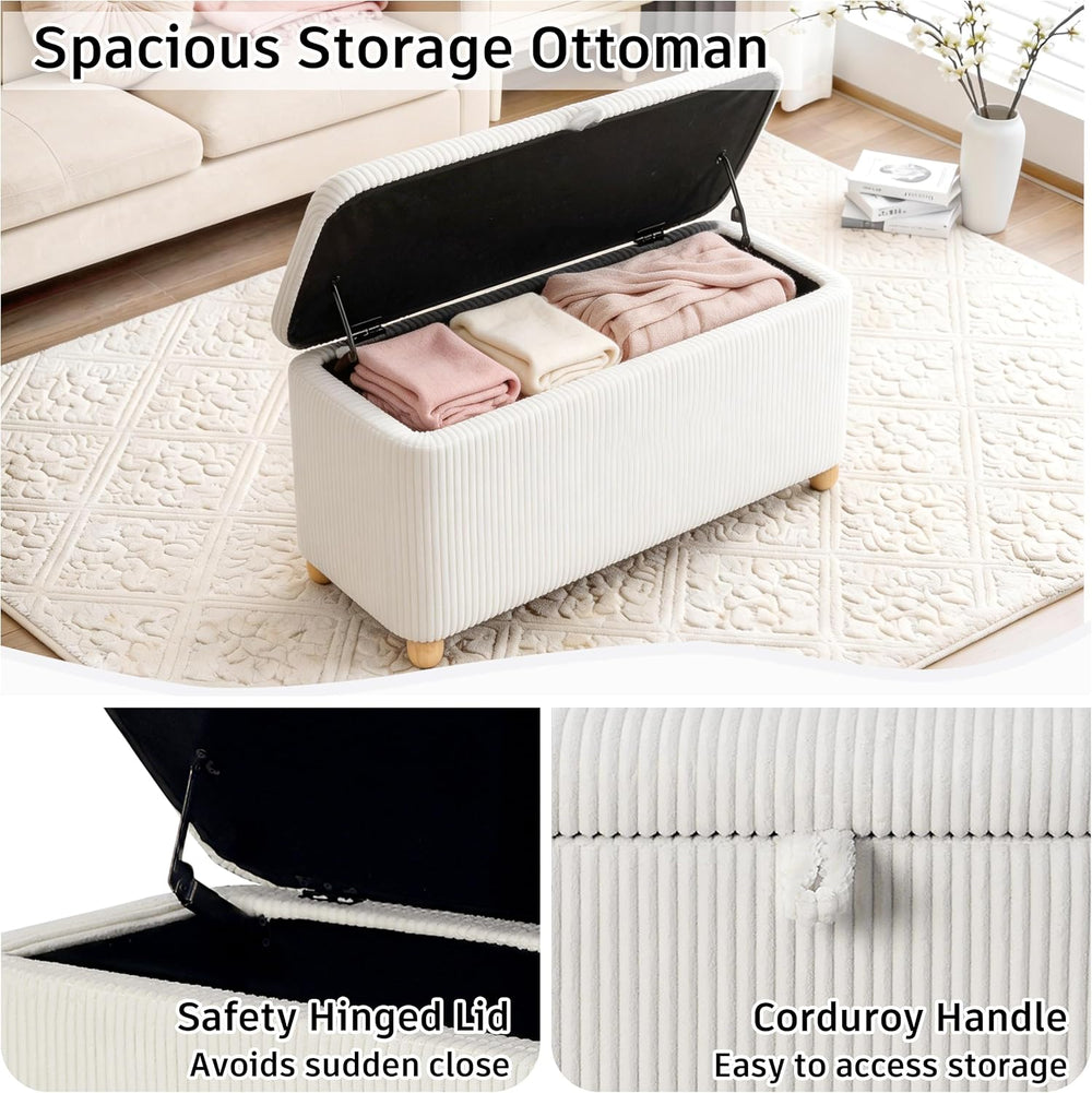 Homebeez 39” Corduroy Storage Ottoman Bench with Hinged Lid & Handle