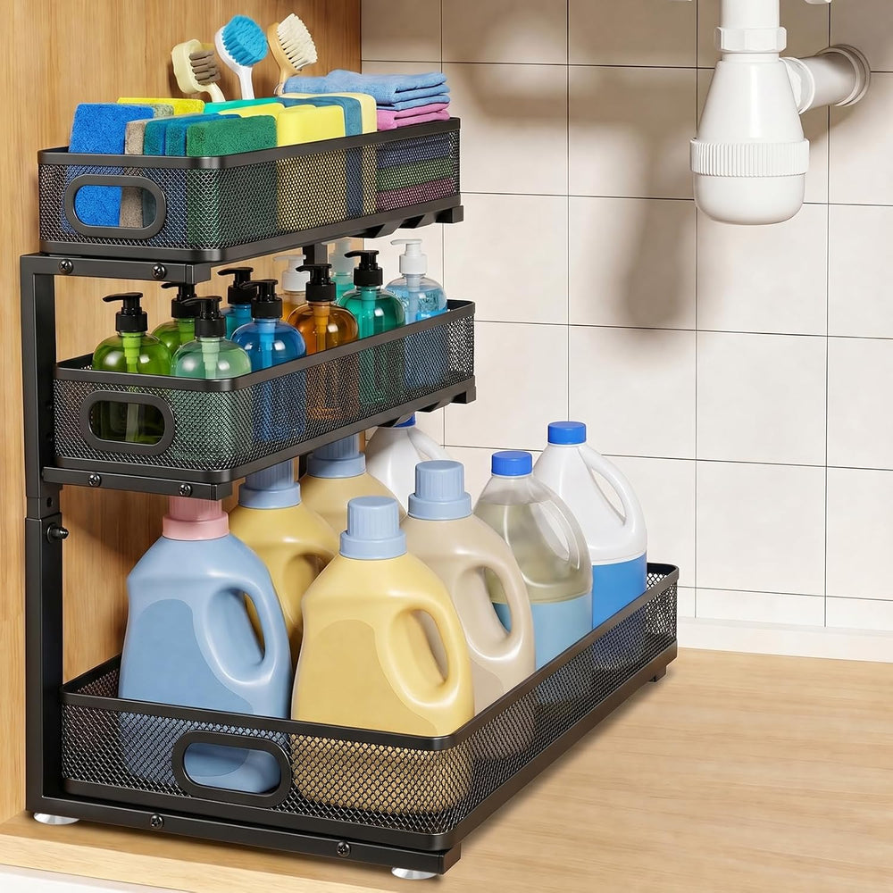 3 Tier Adjustable Under Sink Organizer for Bathroom & Kitchen(1Pack, Black)