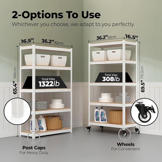 HOMEDANT House White 5-Tier Metal Rolling Cart Shelf Rack Casters Heavy Duty