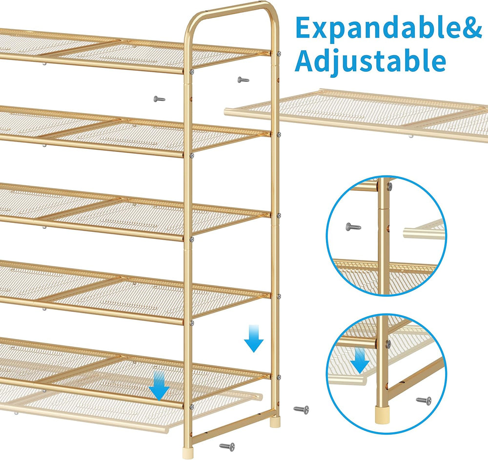 Simple Trending 5-Tier Stackable Shoe Rack, Expandable Shoe Shelf Gold