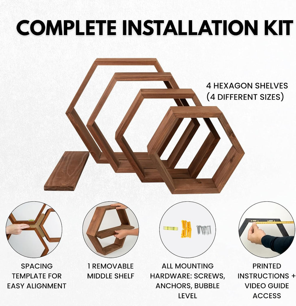LABEND HOME Hexagon Floating Shelves Set of 4 - Solid Wood Wall Mounted Shelv...