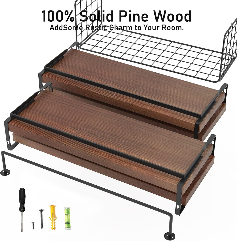 Bathroom Floating Shelves Wall Mounted - 4+1 Tier Rustic Wooden Bathroom Wall...