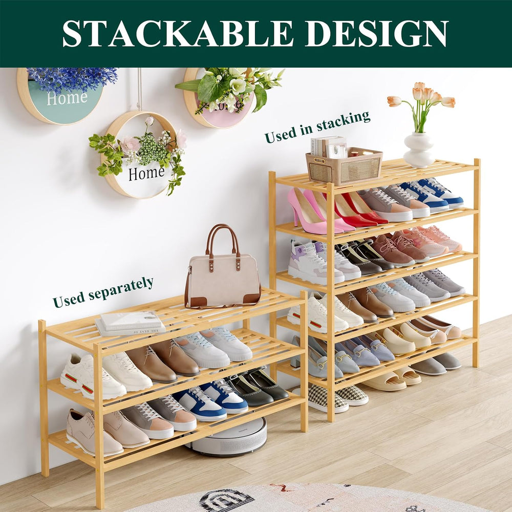 Smiry Bamboo Shoe Rack, 5 Horizontal Slats, 2 Tier - 33.9" Wide, Natural