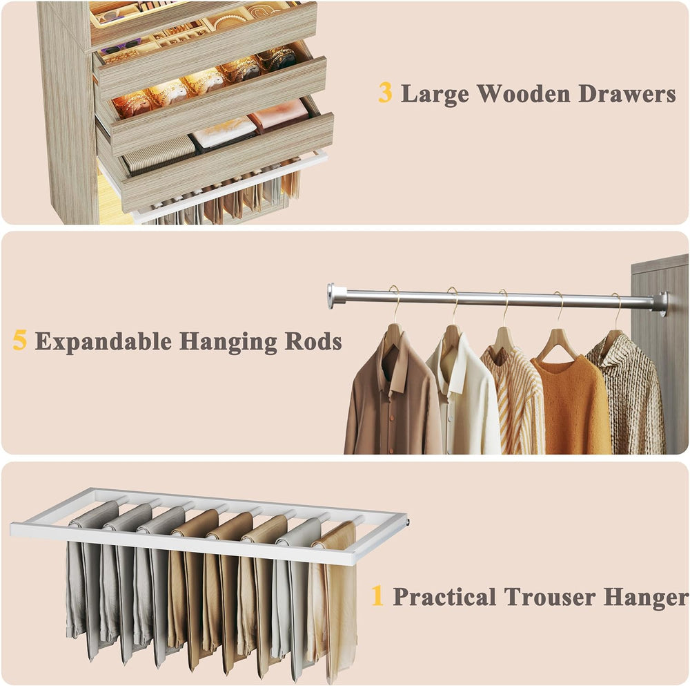 Closet System, 4-8 FT Closet Organizer with 3 Wood Drawers & Glass Top, Oak