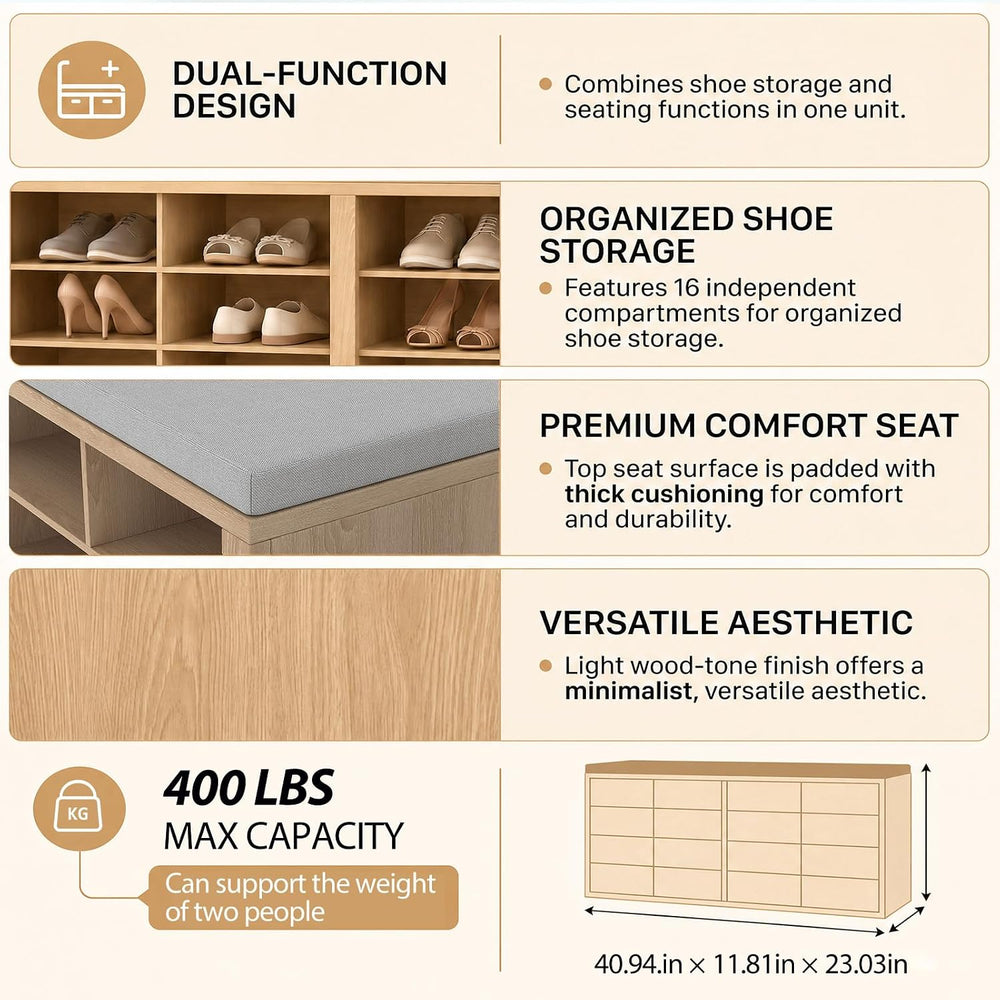 Shoe Rack Bench, Shoe Storage Bench with Cushion, Shoe Organizer 16 Cubbies f...