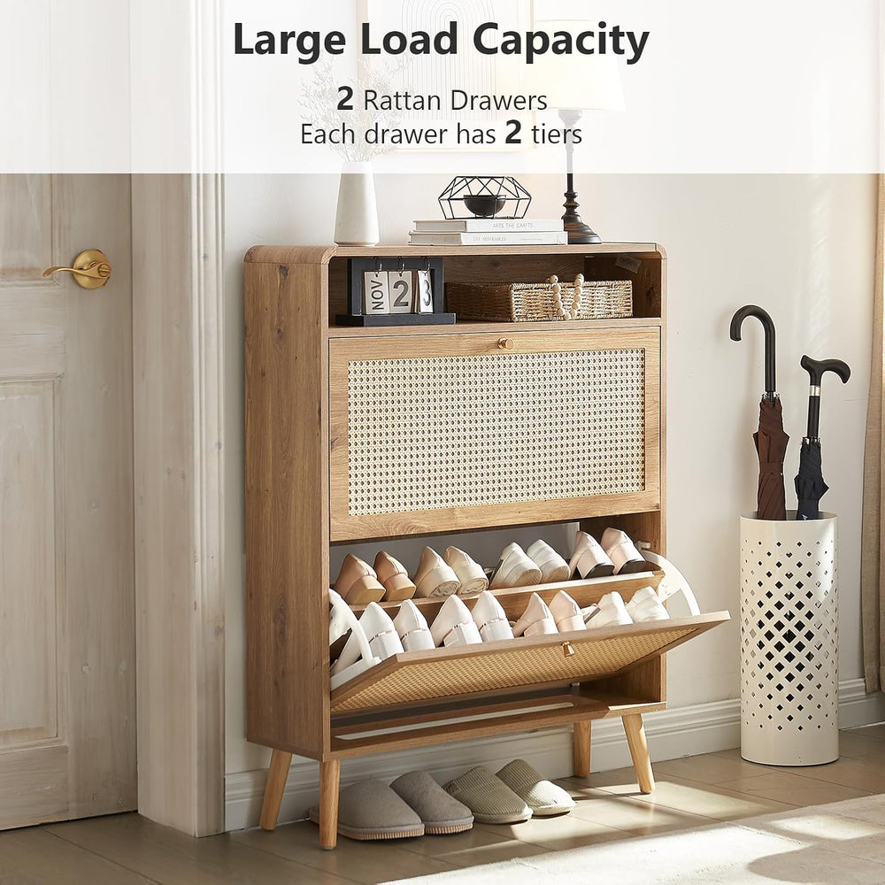 Hommoo Rattan Shoe Storage Cabinet with 2 Flip Doors, Wood Narrow Shoes Cabin...