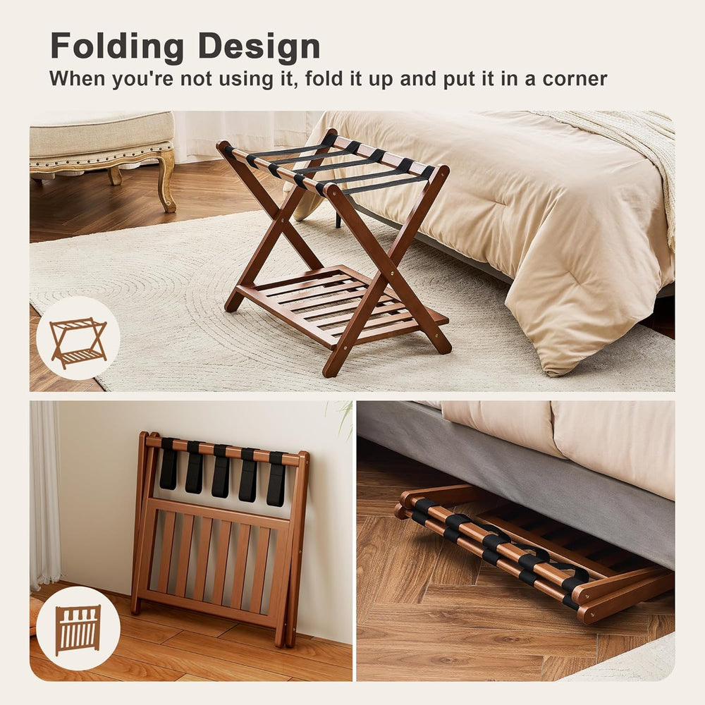 Fully Assembled Walnut Luggage Racks Set of 2, Bamboo Luggage Stand