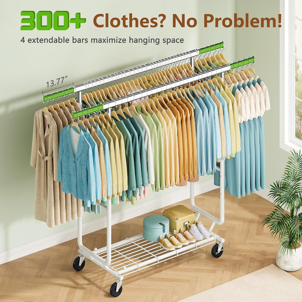 Hoctieon 2-Minute Assembly Double Rod Clothes Rack, Heavy Duty Rolling Clothi...