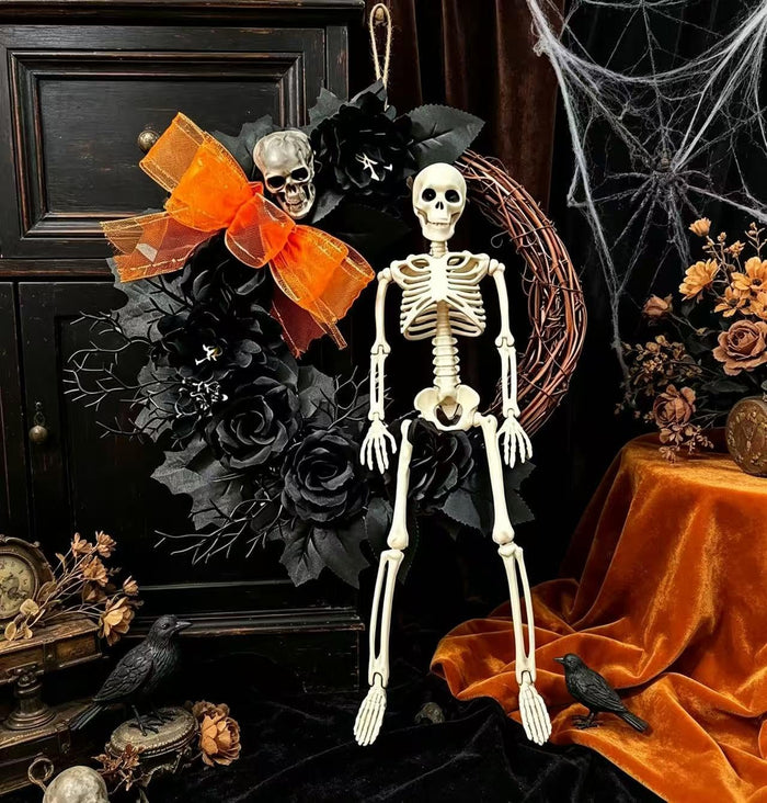 Halloween Skull Wreath Black Glitter Branch Artificial Wreath for Front Door Inch Spooky Halloween Decor Skull Top Hat Striped Bow Decor for Home Party Wall Porch Gothic Holiday Decoration