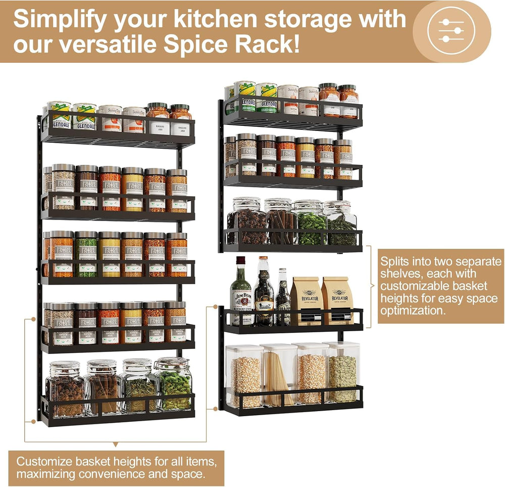 X-cosrack Wall Mount Spice Rack Organizer 5 Tier Height-Adjustable Hanging Sp...