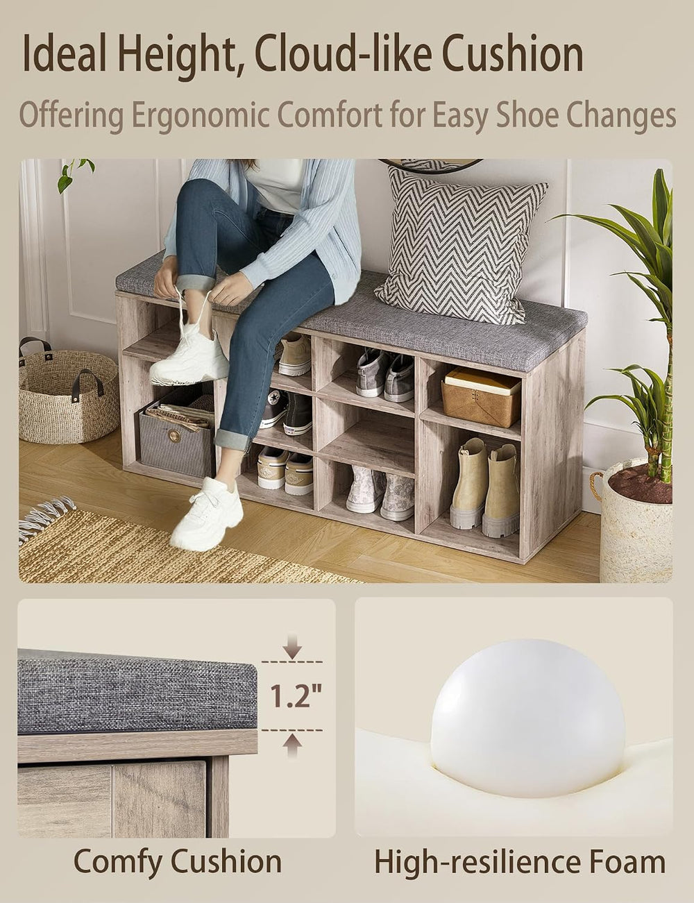 DINZI LVJ Shoe Storage Bench with Cushion, 40.9" Cubby Shoe Rack, 12-Cubby