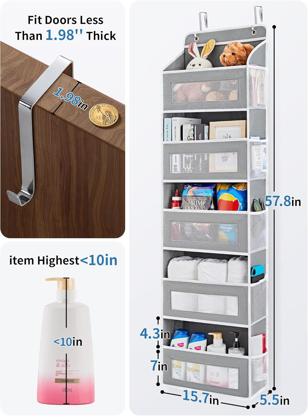 JARLINK Over the Door Organizer for Pantry, Bathroom, 5 Shelf Grey, 2 Pack