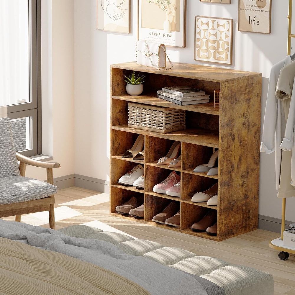 9-Cubby Shoe Rack, Wood Shoe Organizer Bench for Entryway Hallway Closet