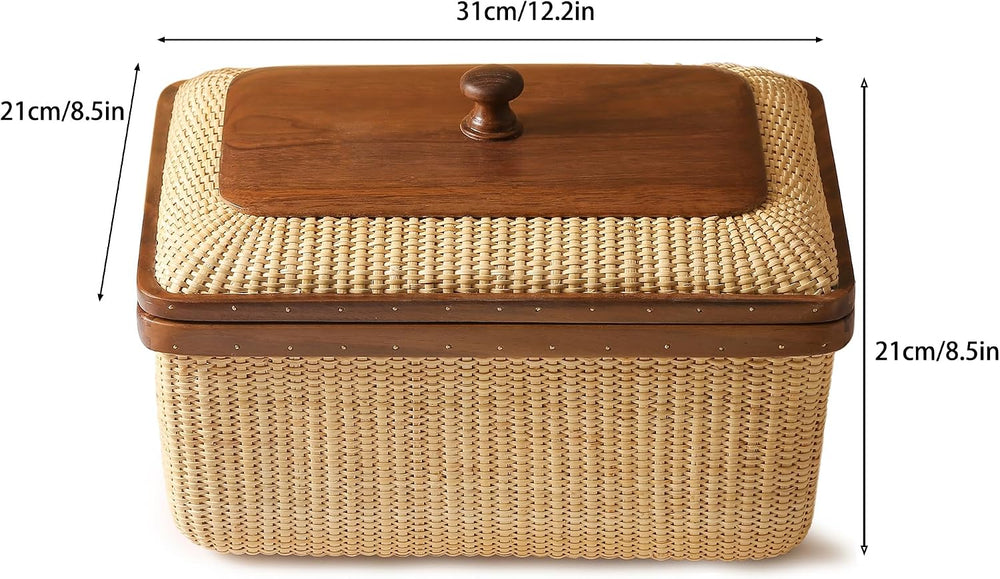 Cane-on-cane weave Storage Basket Box with Lid Multifunctional Storage Organi...