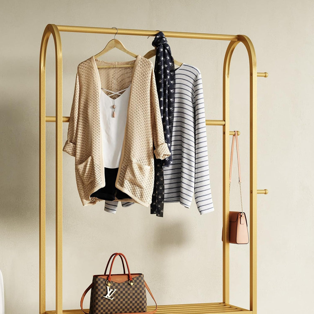 Gold Clothing Rack with 2 Shelves and Side Hooks,Freestanding Metal Garment R...