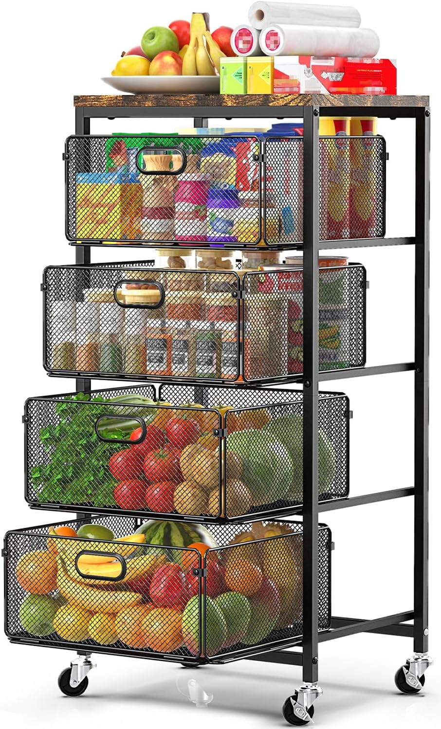 SUNALLY Kitchen Storage Cart with Drawers,Metal Snack Cart Organizer,Black