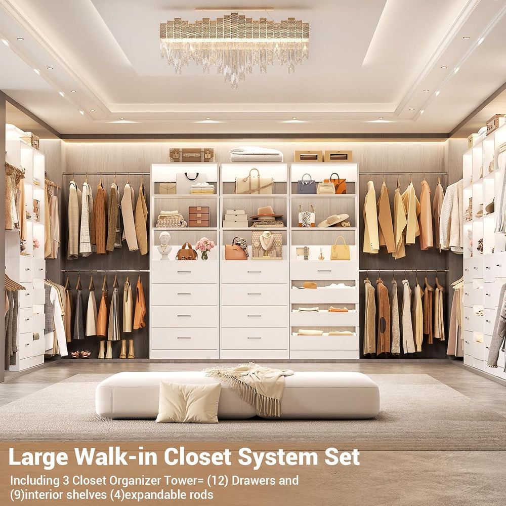 Aheaplus Closet System with 12 Drawers, 8.5-11.5Ft Wood Closet Organizer